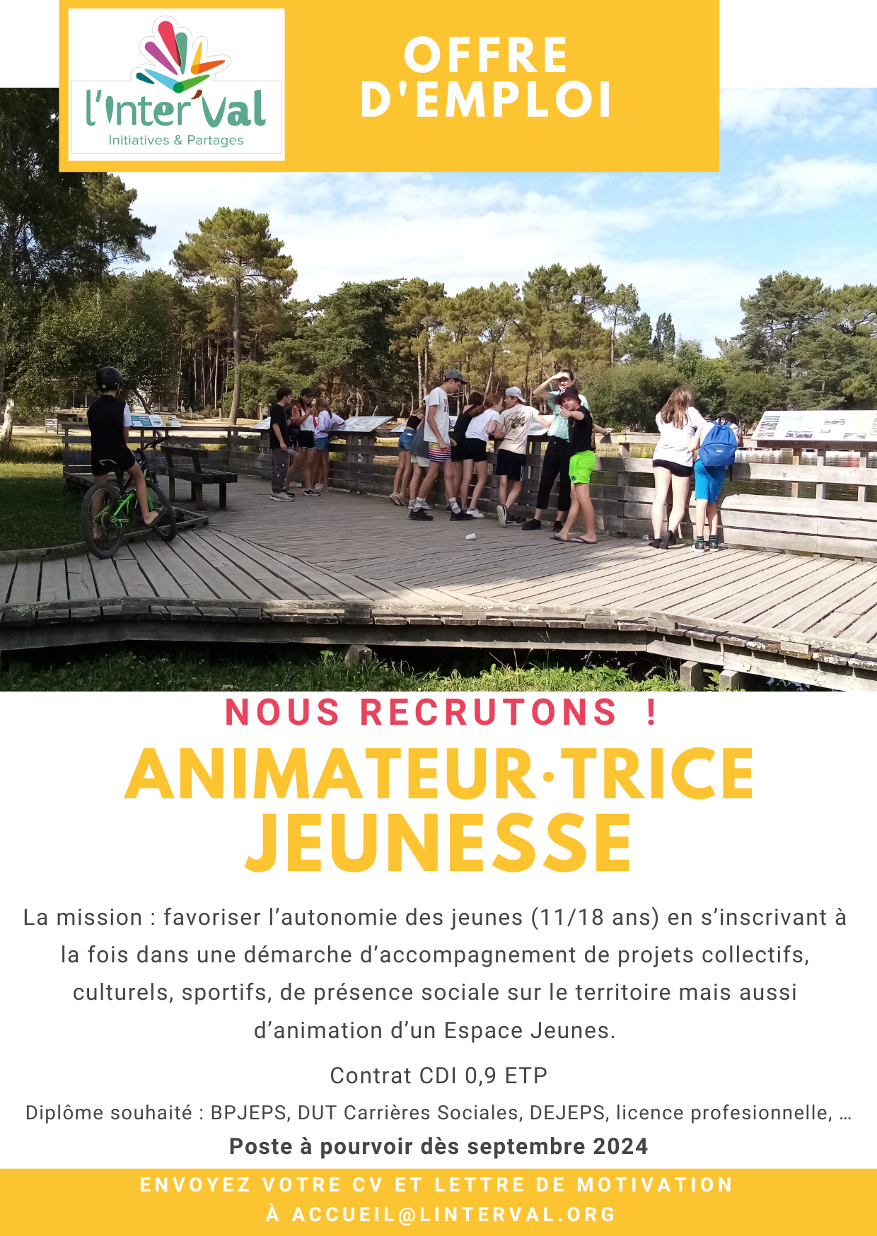 Offre d'emploi animation jeunesse 2024 - L'interval